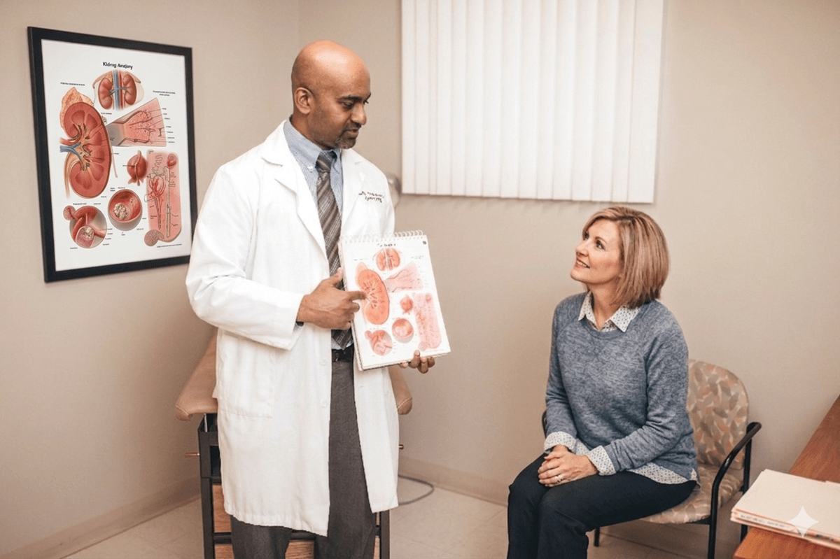 A male physician in a white lab coat explaining a kidney anatomy chart to a middle-aged female patient in a casual grey sweater sitting in a medical office.